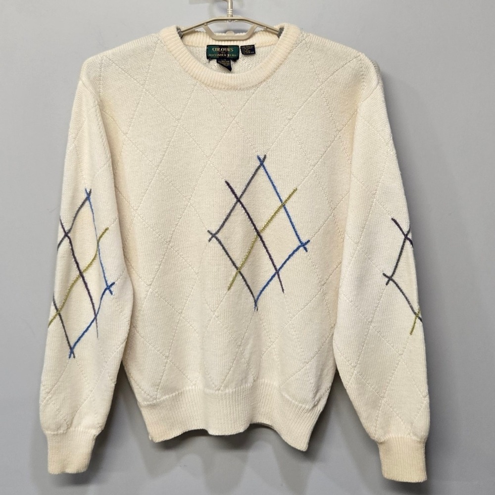 Vintage 80s Colours By Alexander Julian Sweater Men Large 100% Wool Cream Argyle